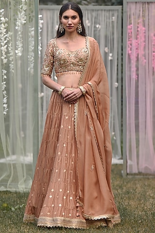 Neutral Pink Brocade Lehenga Set by Shyam Narayan Prasad