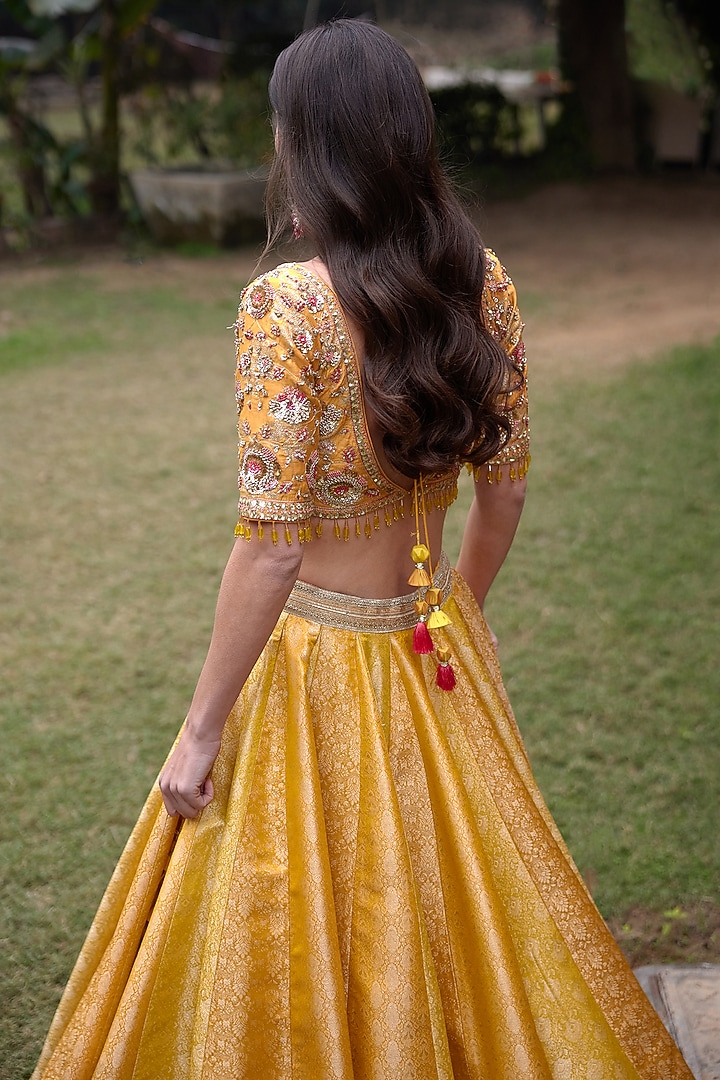 Mustard Brocade Zardosi Embroidered Wedding Lehenga Set by Shyam Narayan Prasad at Pernia's Pop Up Shop