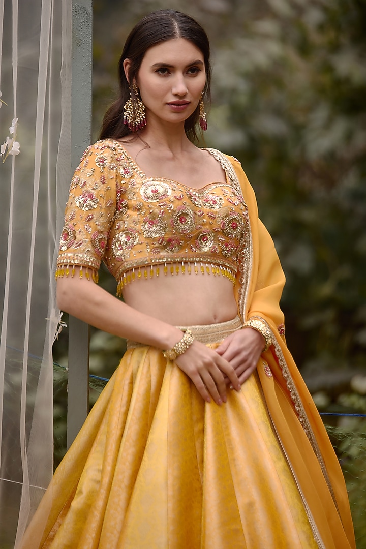 Mustard Brocade Zardosi Embroidered Wedding Lehenga Set by Shyam Narayan Prasad at Pernia's Pop Up Shop