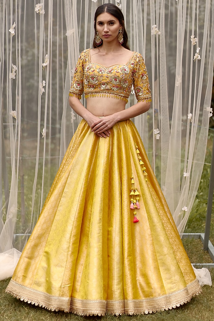 Mustard Brocade Zardosi Embroidered Wedding Lehenga Set by Shyam Narayan Prasad at Pernia's Pop Up Shop