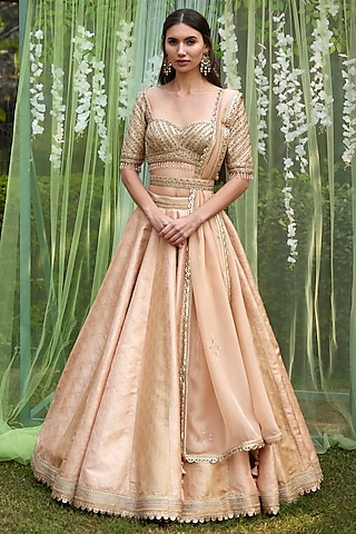 Old Rose Pink Brocade Zardosi Embroidered Lehenga Set by Shyam Narayan Prasad