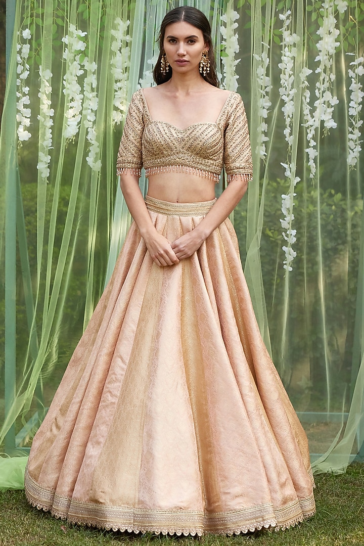 Old Rose Pink Brocade Zardosi Embroidered Wedding Lehenga Set by Shyam Narayan Prasad at Pernia's Pop Up Shop