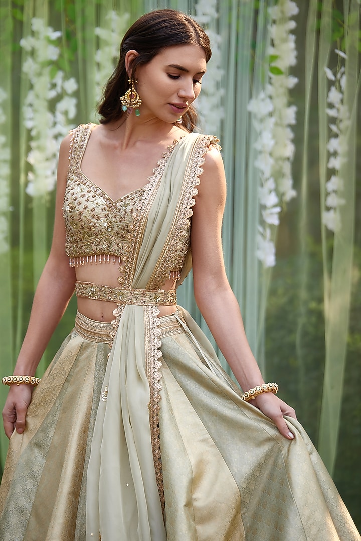 Smock Grey Blue Brocade Zardosi Embroidered Wedding Lehenga Set by Shyam Narayan Prasad at Pernia's Pop Up Shop