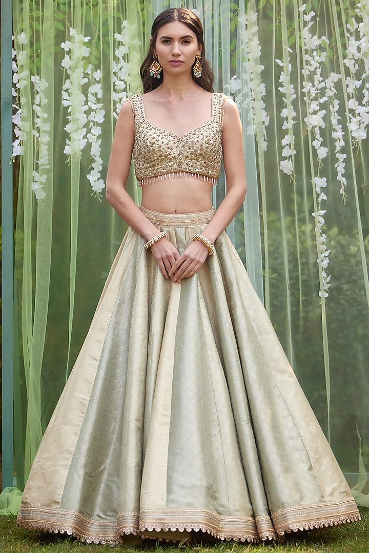 Smock Grey Blue Brocade Zardosi Embroidered Wedding Lehenga Set by Shyam Narayan Prasad at Pernia's Pop Up Shop