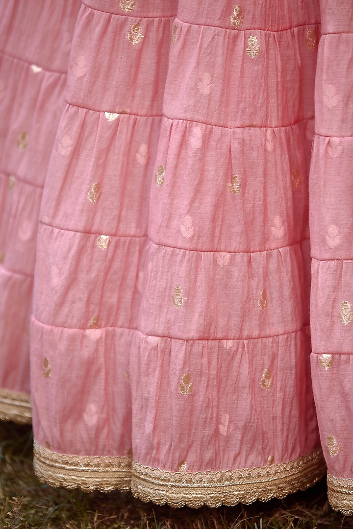 Coral Pink Chanderi Tiered Lehenga Set by Shyam Narayan Prasad at Pernia's Pop Up Shop