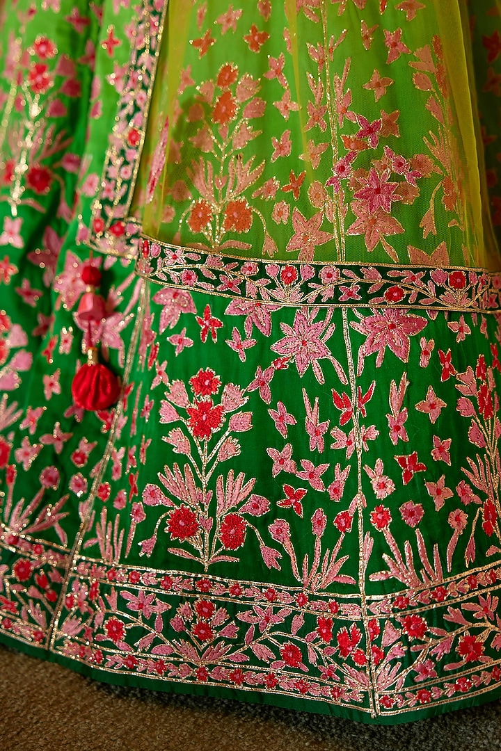 Green Silk Embroidered Shaded Bridal Lehenga Set by Shyam Narayan Prasad at Pernia's Pop Up Shop
