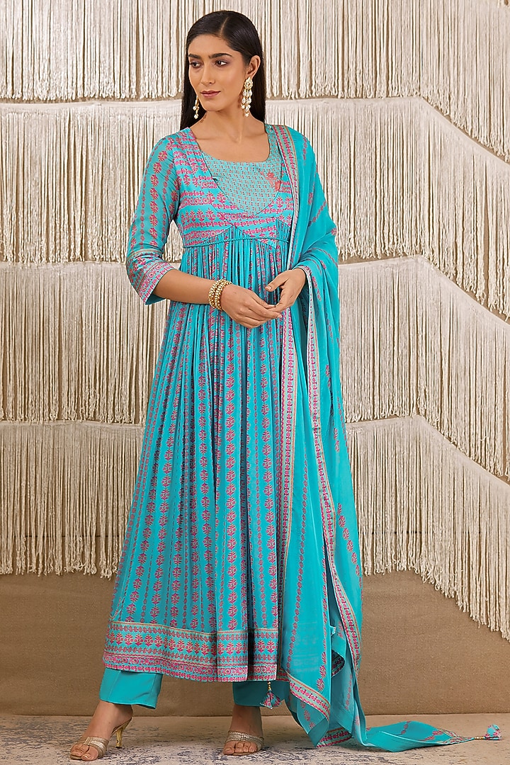 Sky Blue Printed Angrakha Party Wear Anarkali Set by Shyam Narayan Prasad at Pernia's Pop Up Shop