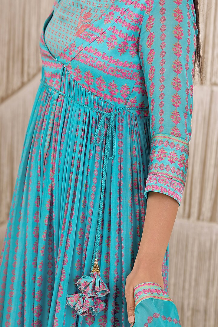 Sky Blue Printed Angrakha Party Wear Anarkali Set by Shyam Narayan Prasad at Pernia's Pop Up Shop