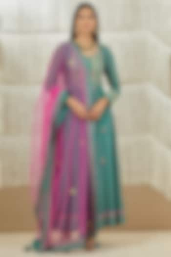 Dull Teal Embroidered Anarkali Set by Shyam Narayan Prasad at Pernia's Pop Up Shop