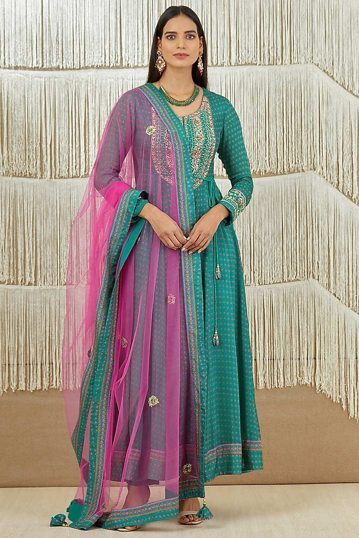 Dull Teal Embroidered Anarkali Set by Shyam Narayan Prasad at Pernia's Pop Up Shop