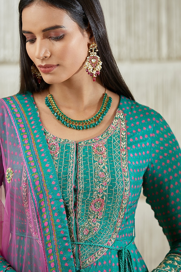 Dull Teal Embroidered Wedding Anarkali Set by Shyam Narayan Prasad at Pernia's Pop Up Shop