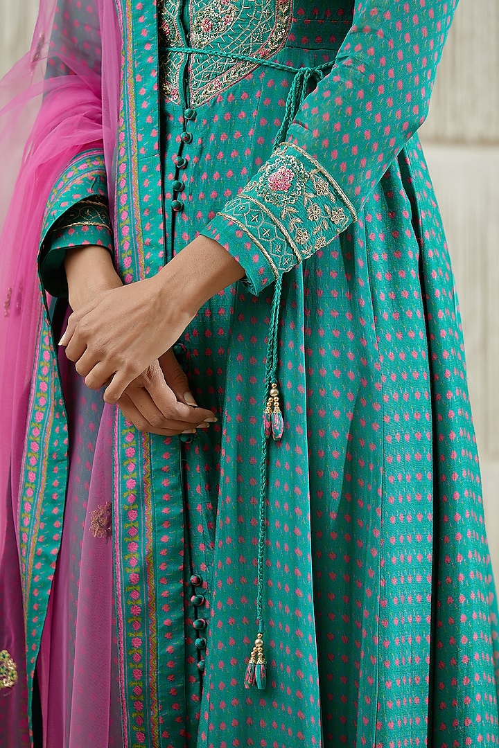 Dull Teal Embroidered Wedding Anarkali Set by Shyam Narayan Prasad at Pernia's Pop Up Shop