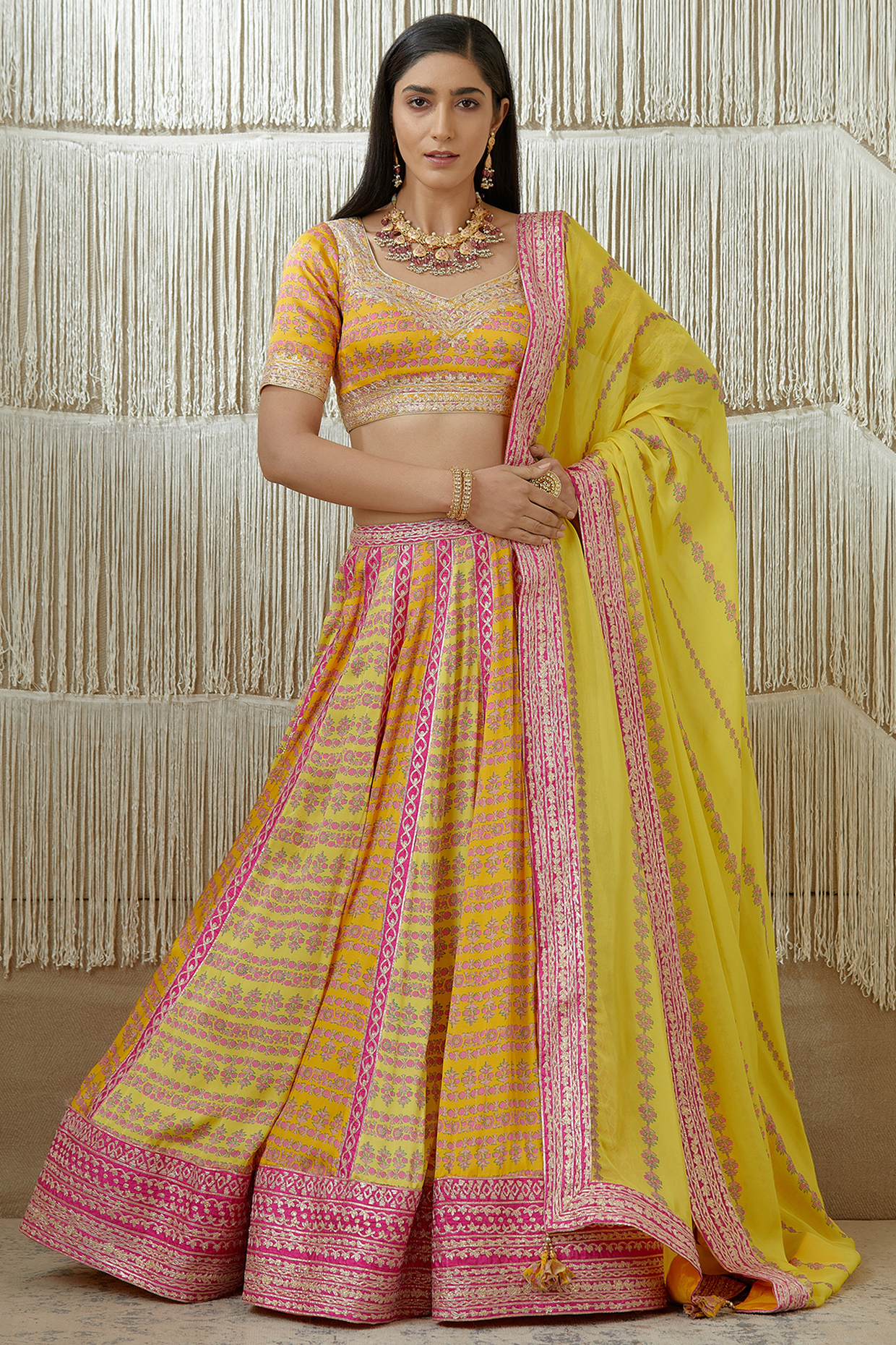 Mustard Printed & Embroidered Wedding Lehenga Set by Shyam Narayan Prasad at Pernia's Pop Up Shop