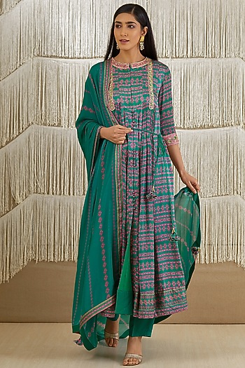 Dull Teal Printed Party Wear Anarkali Set by Shyam Narayan Prasad at Pernia's Pop Up Shop