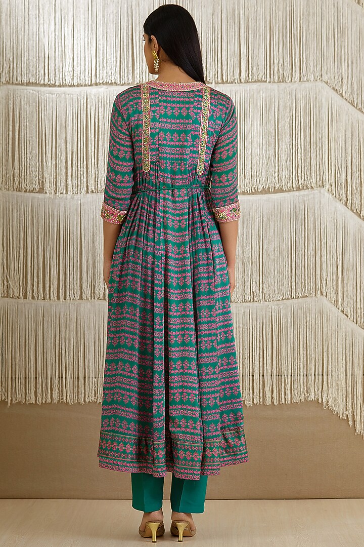 Dull Teal Printed Party Wear Anarkali Set by Shyam Narayan Prasad at Pernia's Pop Up Shop