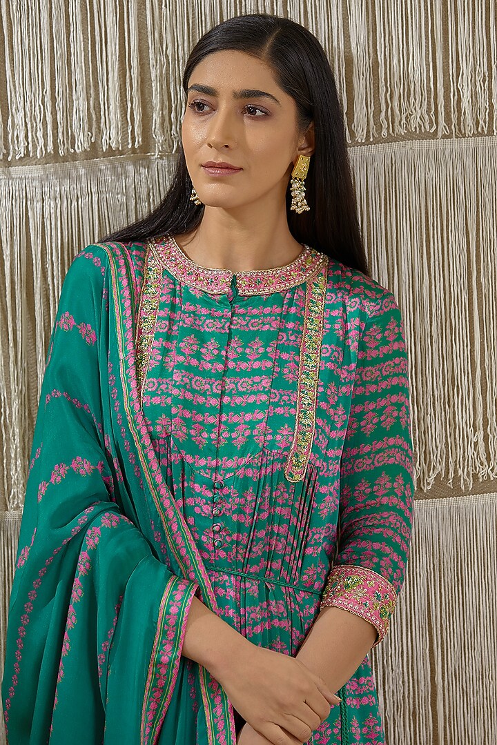 Dull Teal Printed Party Wear Anarkali Set by Shyam Narayan Prasad at Pernia's Pop Up Shop
