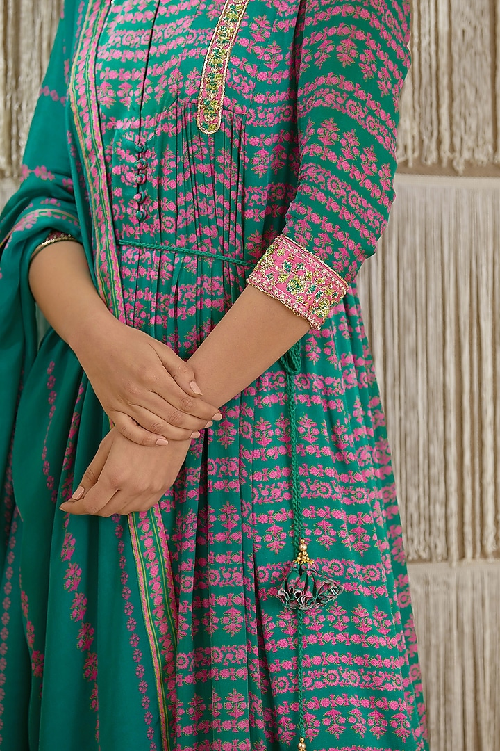 Dull Teal Printed Party Wear Anarkali Set by Shyam Narayan Prasad at Pernia's Pop Up Shop