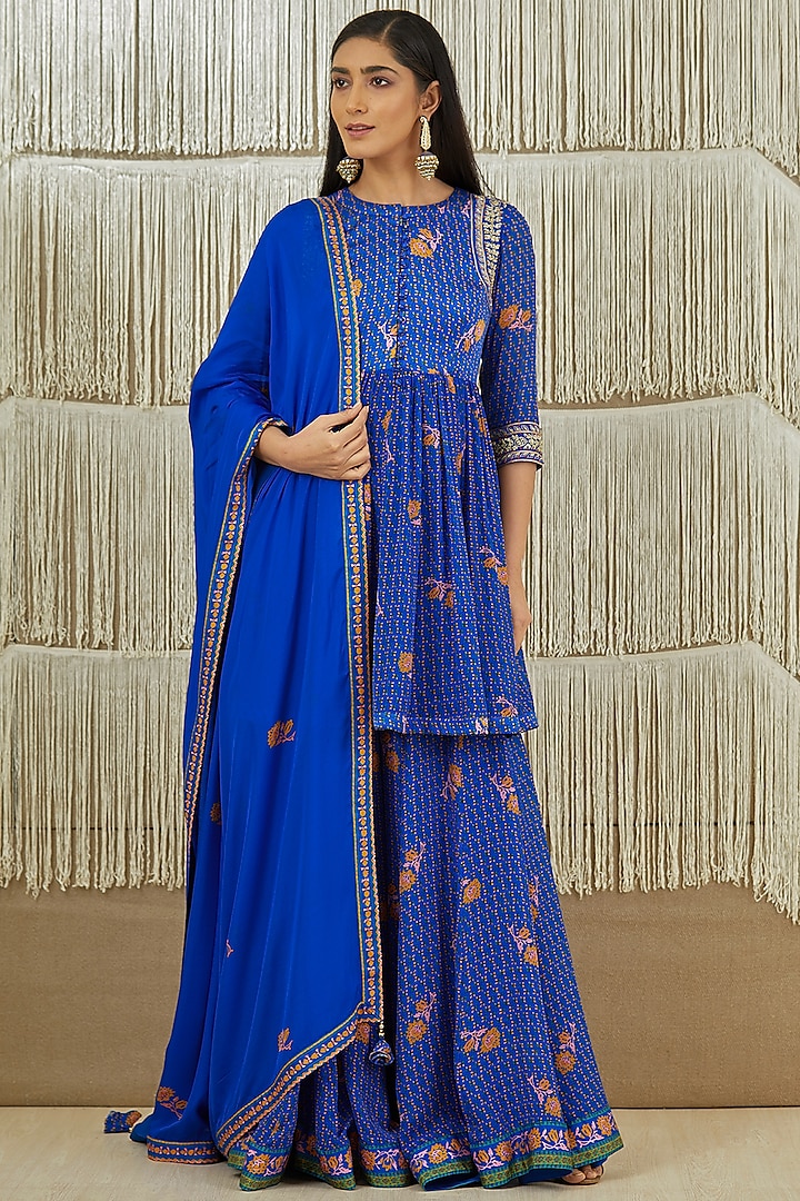 Celtic Blue Printed Sharara Set by Shyam Narayan Prasad