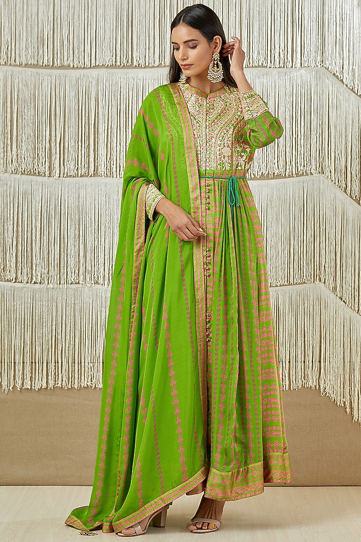 Fresh Green Embroidered Wedding Anarkali Set by Shyam Narayan Prasad at Pernia's Pop Up Shop