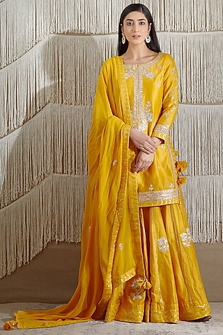 Mustard Embroidered Sharara Set by Shyam Narayan Prasad