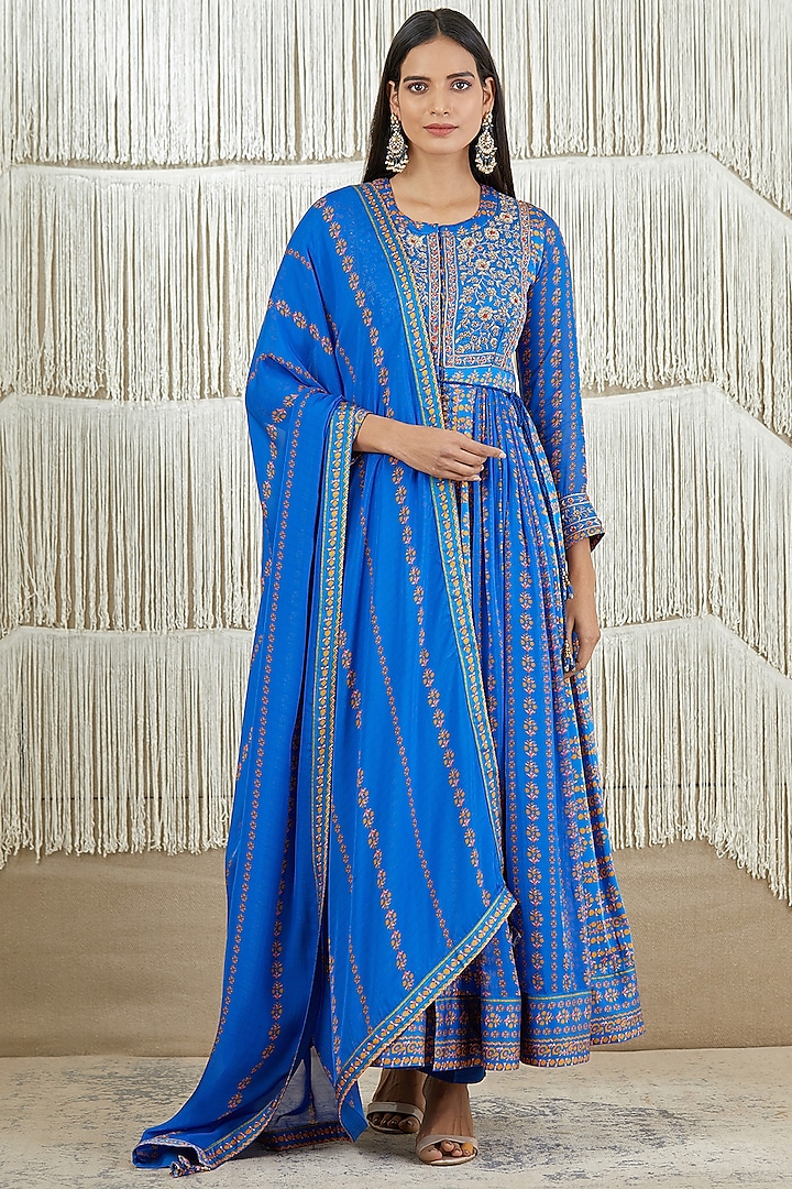 Celtic Blue Printed Anarkali Set by Shyam Narayan Prasad