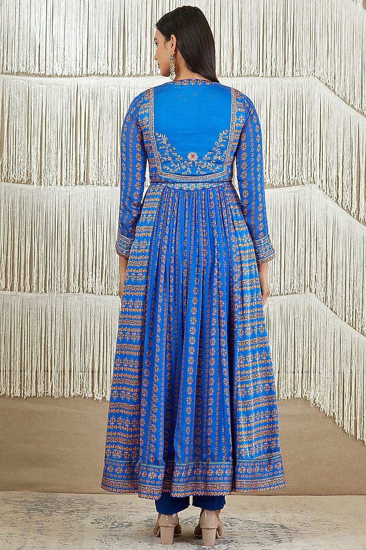 Celtic Blue Printed Wedding Anarkali Set by Shyam Narayan Prasad at Pernia's Pop Up Shop