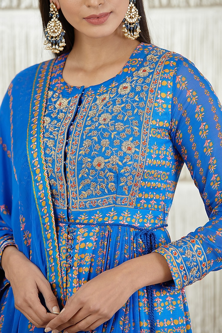 Celtic Blue Printed Wedding Anarkali Set by Shyam Narayan Prasad at Pernia's Pop Up Shop