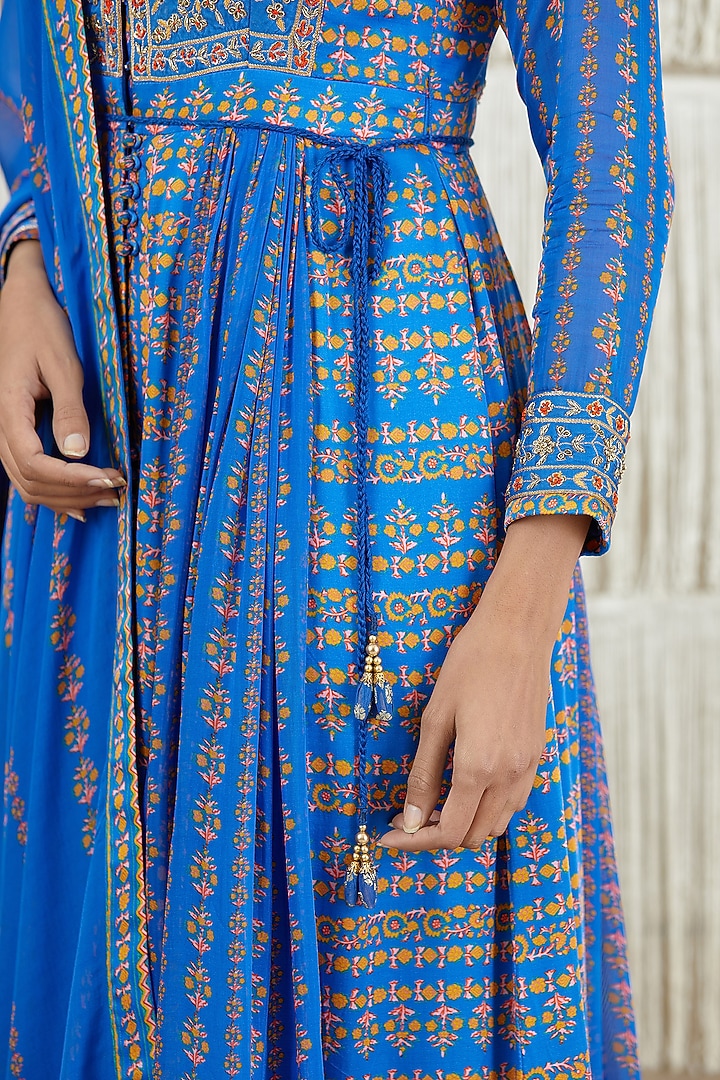 Celtic Blue Printed Wedding Anarkali Set by Shyam Narayan Prasad at Pernia's Pop Up Shop