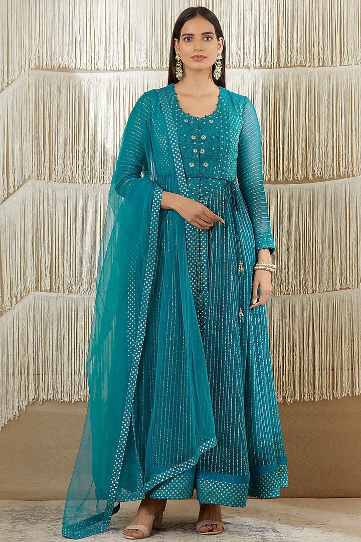 Deep Turquoise Embroidered Anarkali Set Design by Shyam Narayan Prasad ...