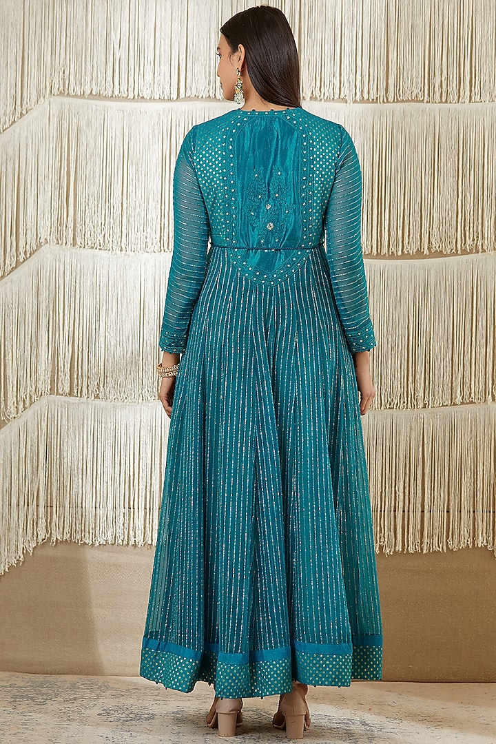 Deep Turquoise Embroidered Party Wear Anarkali Set by Shyam Narayan Prasad at Pernia's Pop Up Shop