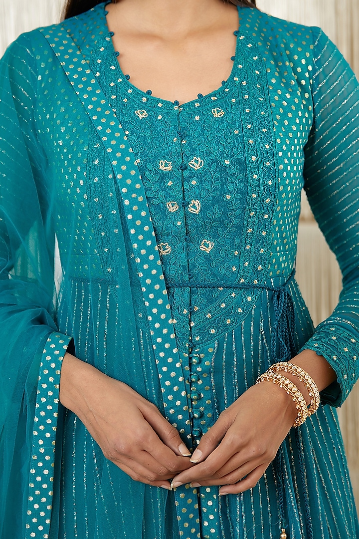 Deep Turquoise Embroidered Party Wear Anarkali Set by Shyam Narayan Prasad at Pernia's Pop Up Shop