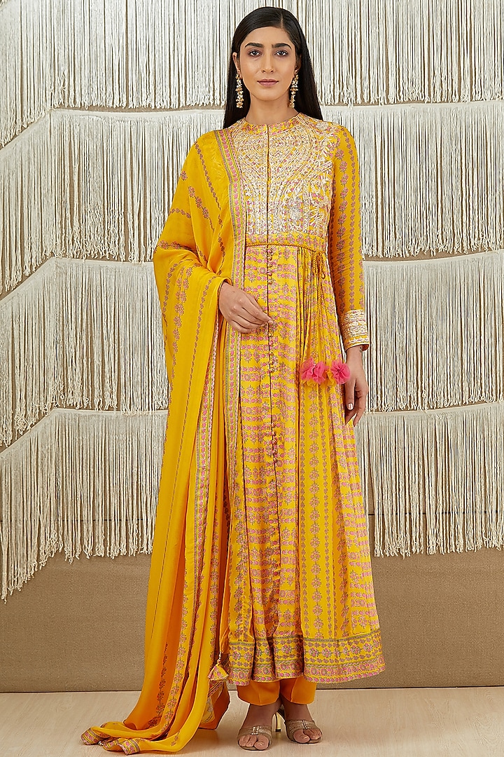 Mustard Embroidered Anarkali Set by Shyam Narayan Prasad