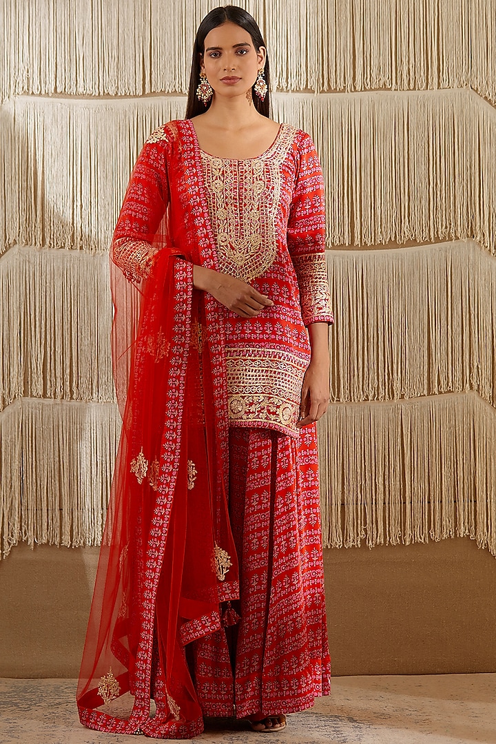 Bright Red Printed Sharara Set by Shyam Narayan Prasad