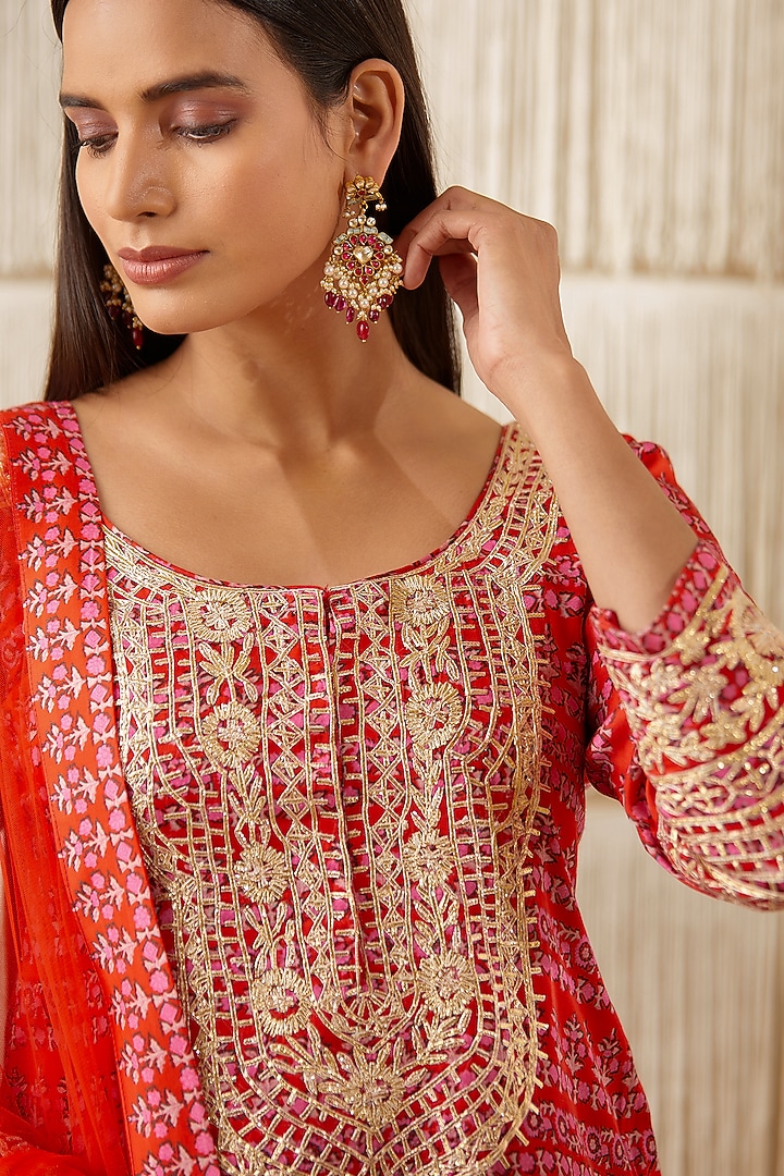 Bright Red Printed Wedding Sharara Set by Shyam Narayan Prasad at Pernia's Pop Up Shop
