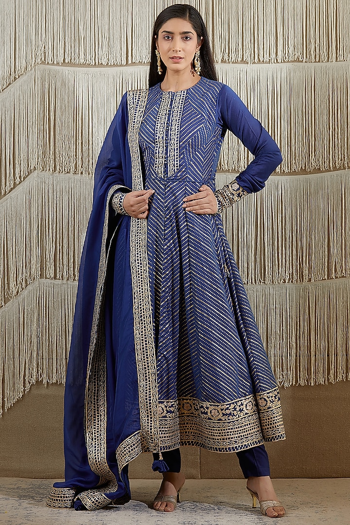 Spectrum Blue Embroidered Flared Long Kurta Set by Shyam Narayan Prasad