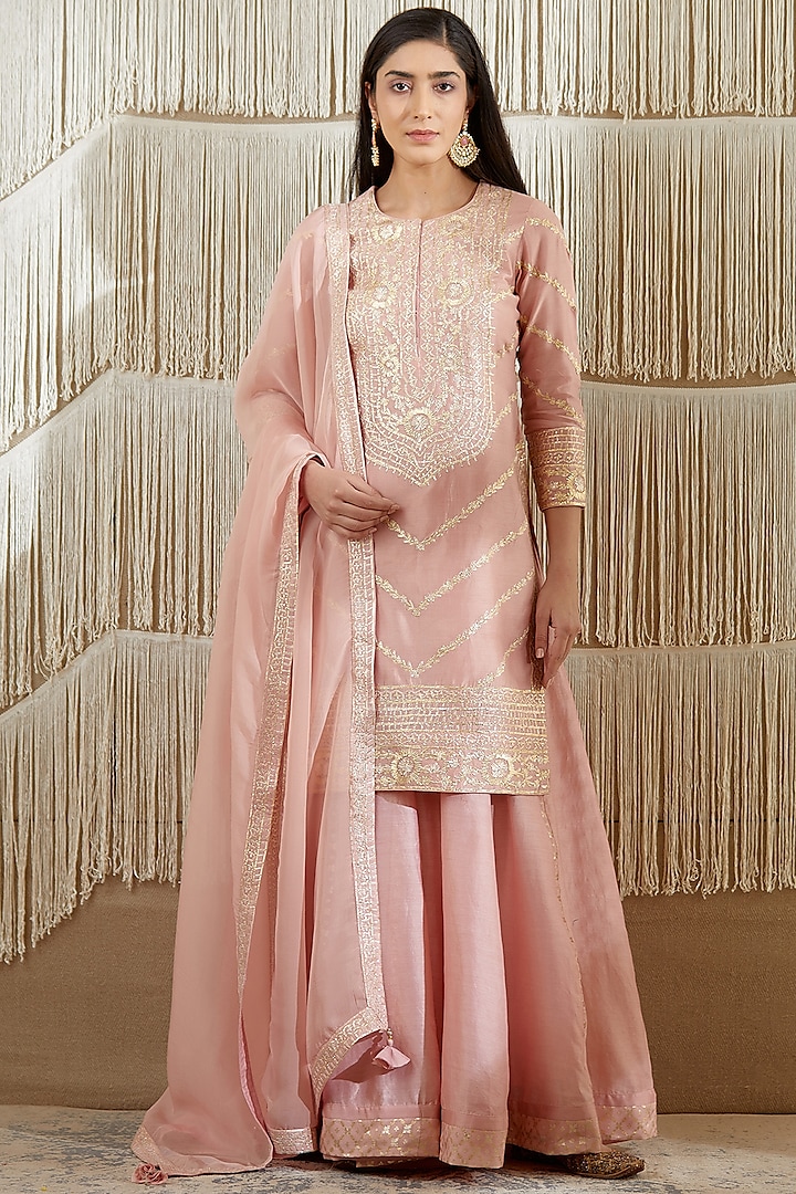 Powder Pink Chanderi Wedding Sharara Set by Shyam Narayan Prasad at Pernia's Pop Up Shop
