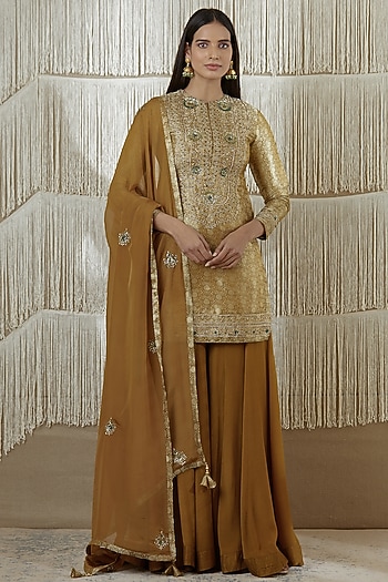 Dark Olive Brocade & Chinon Wedding Sharara Set by Shyam Narayan Prasad at Pernia's Pop Up Shop