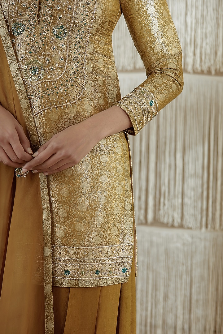 Dark Olive Brocade & Chinon Wedding Sharara Set by Shyam Narayan Prasad at Pernia's Pop Up Shop