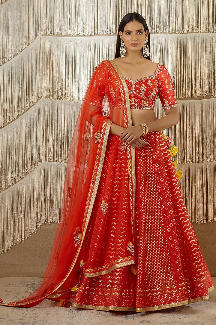 Cadmium Red Embroidered Lehenga Set by Shyam Narayan Prasad