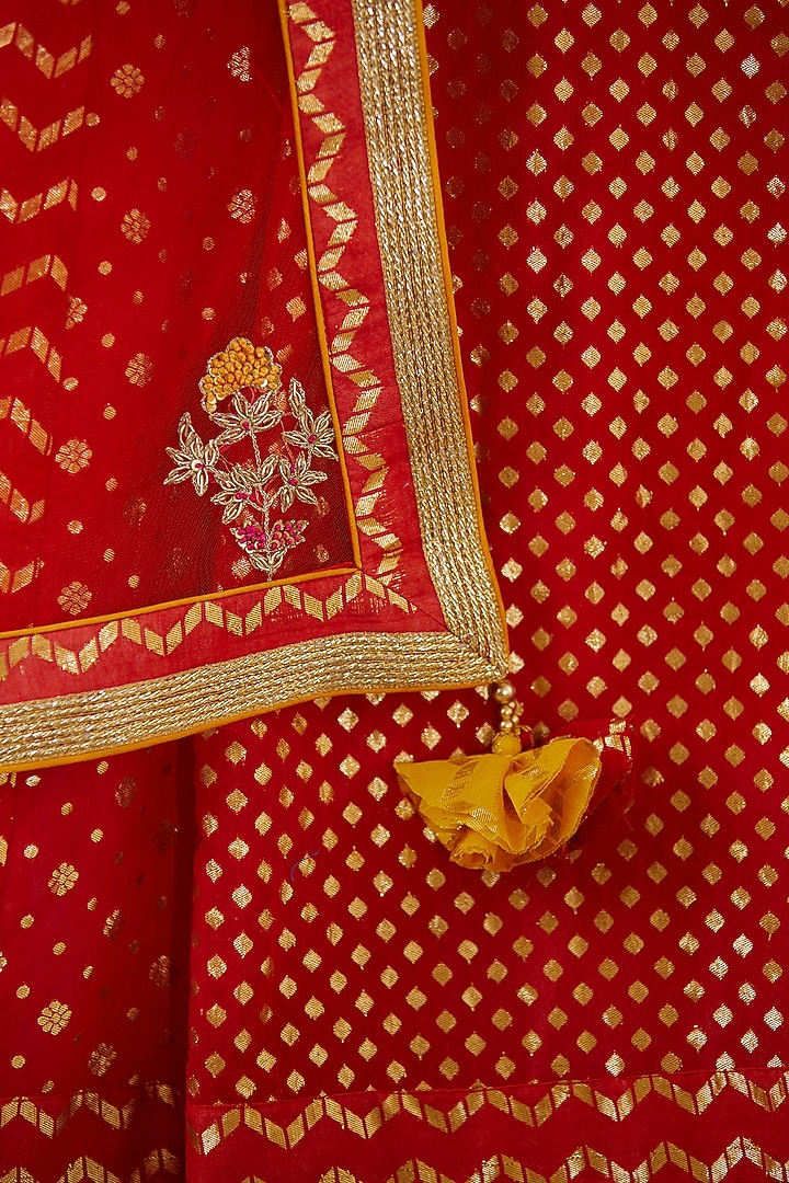 Cadmium Red Embroidered Wedding Lehenga Set by Shyam Narayan Prasad at Pernia's Pop Up Shop