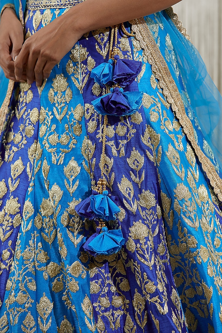 Button Blue & Iris Blue Embroidered Wedding Lehenga Set by Shyam Narayan Prasad at Pernia's Pop Up Shop