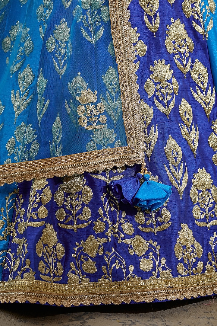 Button Blue & Iris Blue Embroidered Wedding Lehenga Set by Shyam Narayan Prasad at Pernia's Pop Up Shop