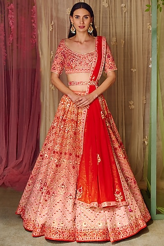 Pink & Red Silk Embroidered Lehenga Set by Shyam Narayan Prasad
