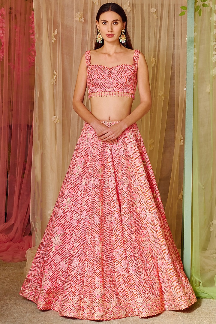 Bright Pink Silk Embroidered & Printed Bridal Lehenga Set by Shyam Narayan Prasad at Pernia's Pop Up Shop
