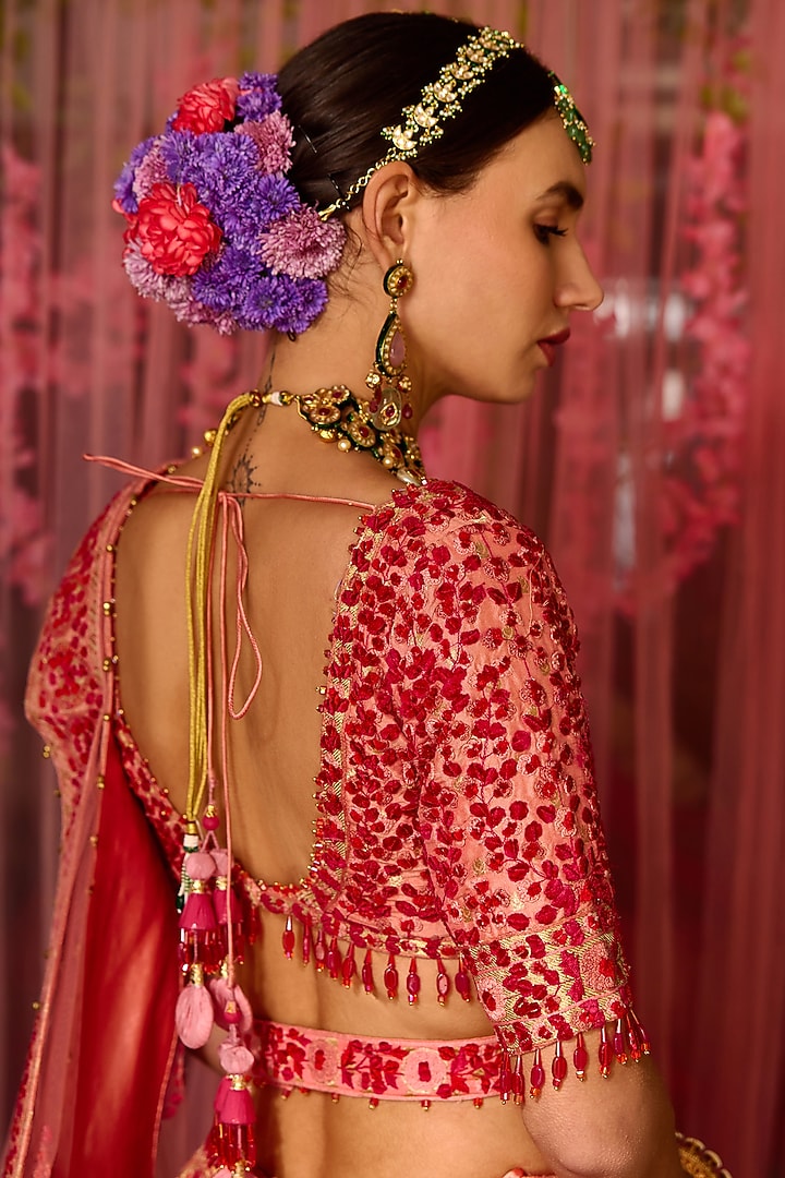 Pink & Red Raw Silk Embroidered Bridal Lehenga Set by Shyam Narayan Prasad at Pernia's Pop Up Shop