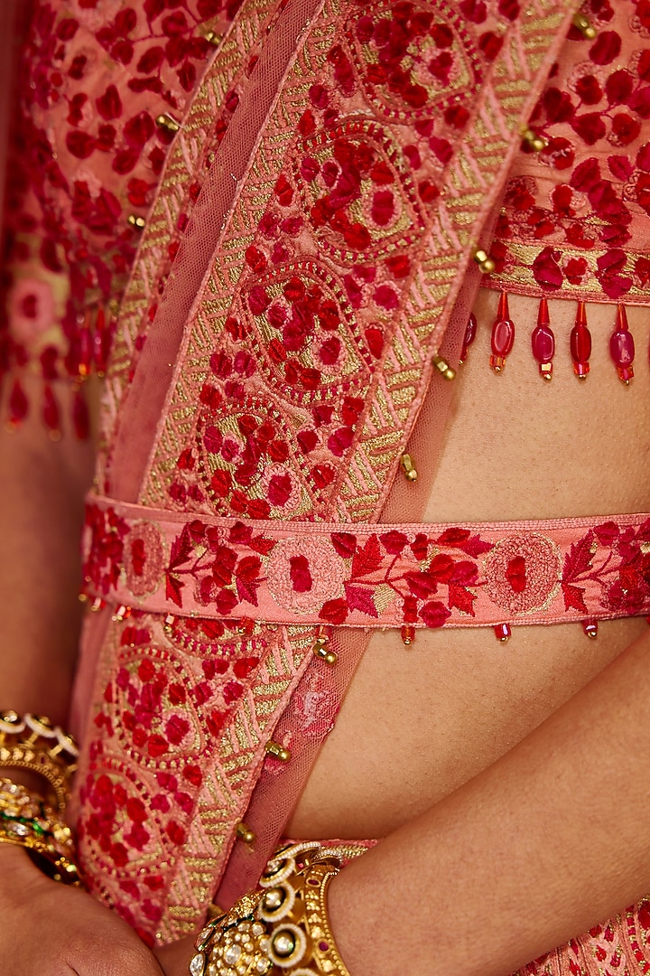 Pink & Red Raw Silk Embroidered Bridal Lehenga Set by Shyam Narayan Prasad at Pernia's Pop Up Shop