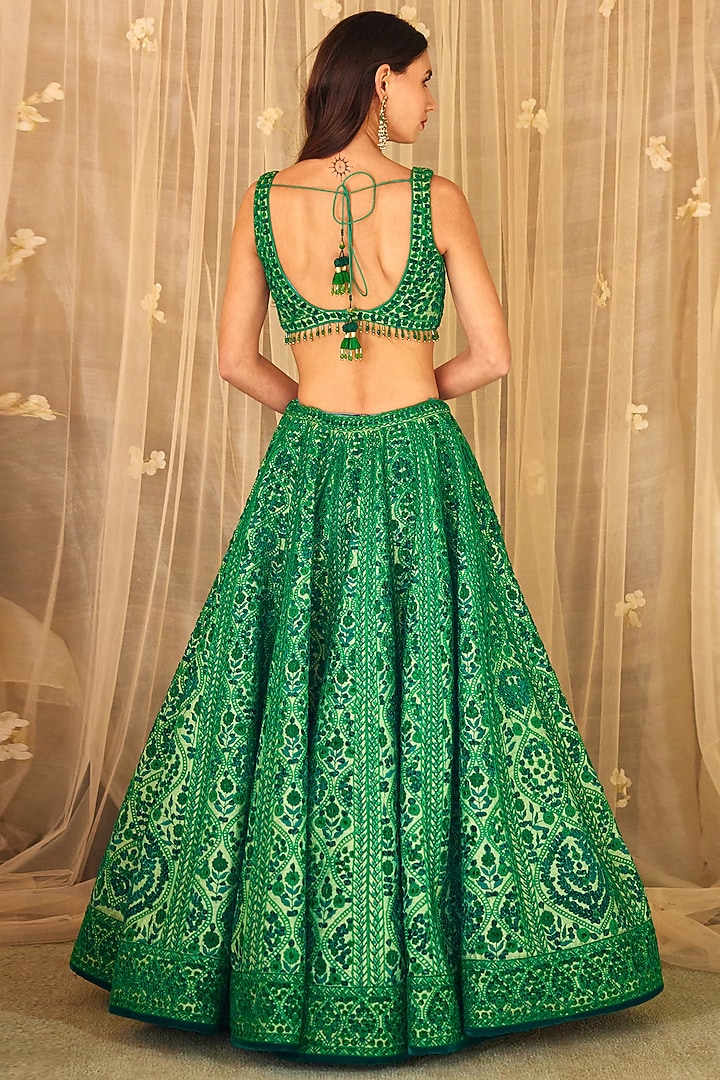 Bottle Green Brocade Embroidered Bridal Lehenga Set by Shyam Narayan Prasad at Pernia's Pop Up Shop