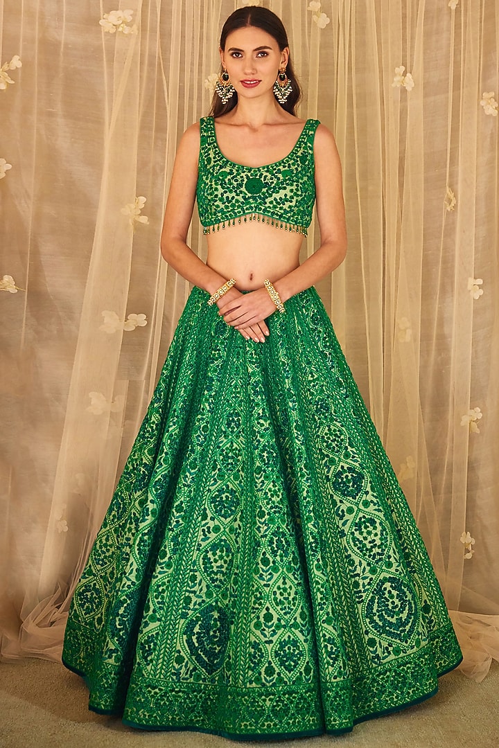 Bottle Green Brocade Embroidered Bridal Lehenga Set by Shyam Narayan Prasad at Pernia's Pop Up Shop