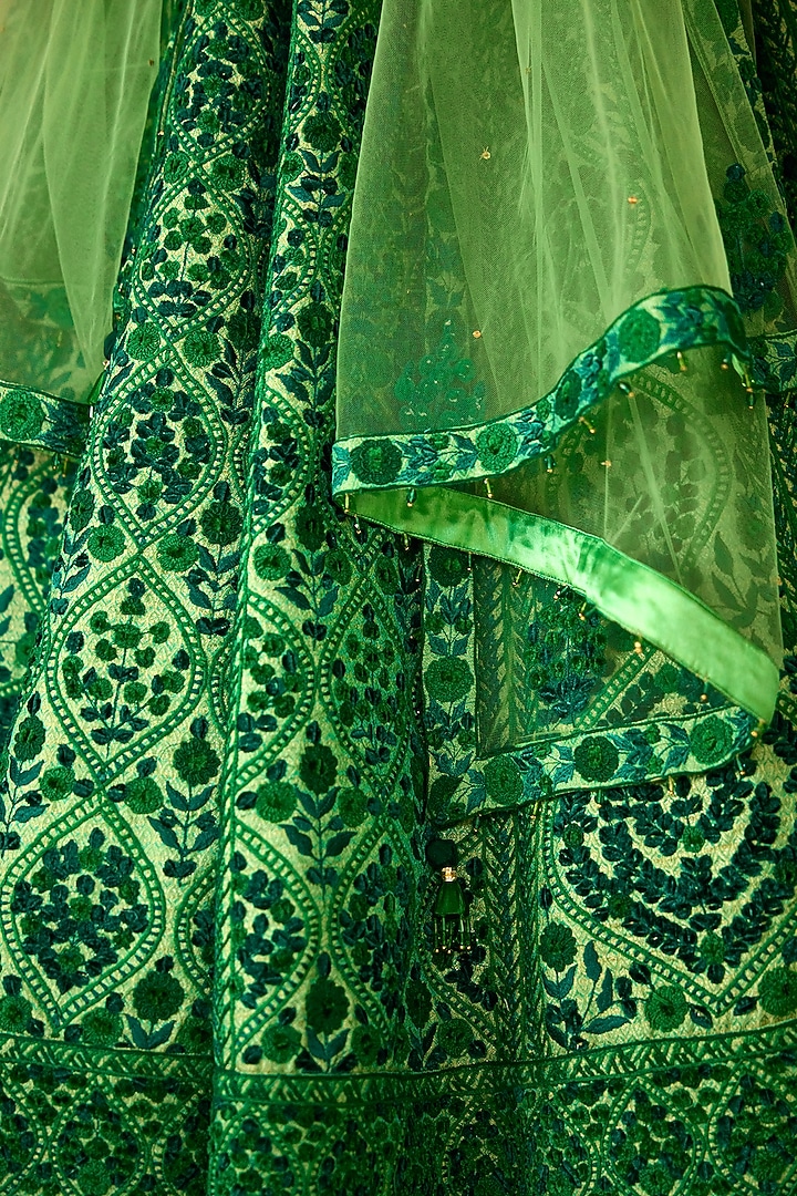 Bottle Green Brocade Embroidered Bridal Lehenga Set by Shyam Narayan Prasad at Pernia's Pop Up Shop