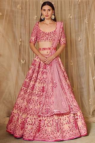 Peach Pink Brocade Embroidered Lehenga Set by Shyam Narayan Prasad